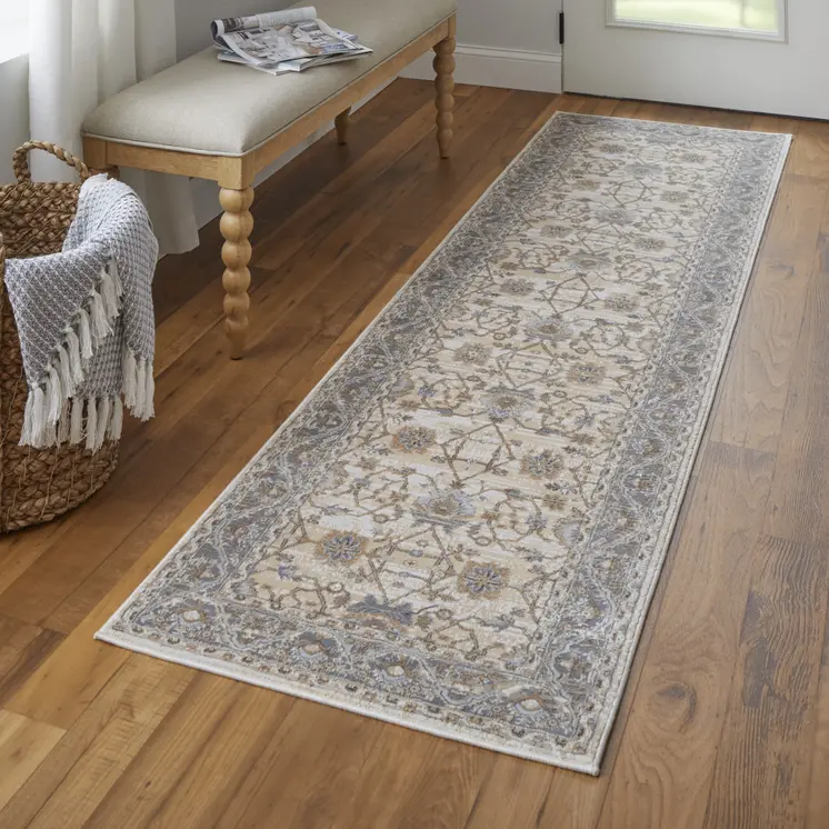 8' Brown and Ivory Oriental Power Loom Distressed Runner Rug