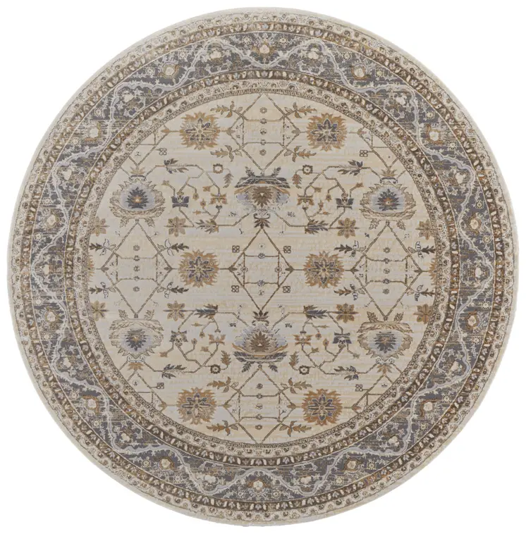 8' Brown and Ivory Round Oriental Power Loom Distressed Area Rug