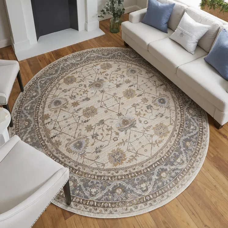 8' Brown and Ivory Round Oriental Power Loom Distressed Area Rug