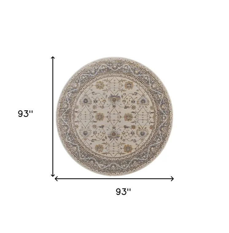 8' Brown and Ivory Round Oriental Power Loom Distressed Area Rug