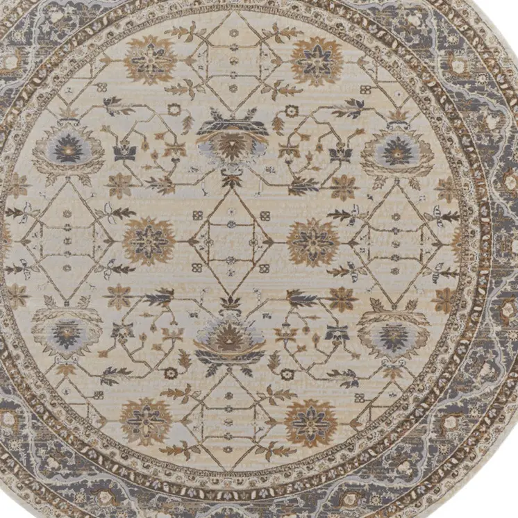 8' Brown and Ivory Round Oriental Power Loom Distressed Area Rug
