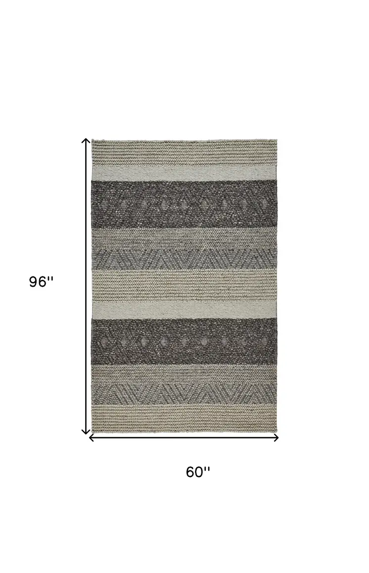 5' X 8' Gray Wool Striped Hand Woven Area Rug