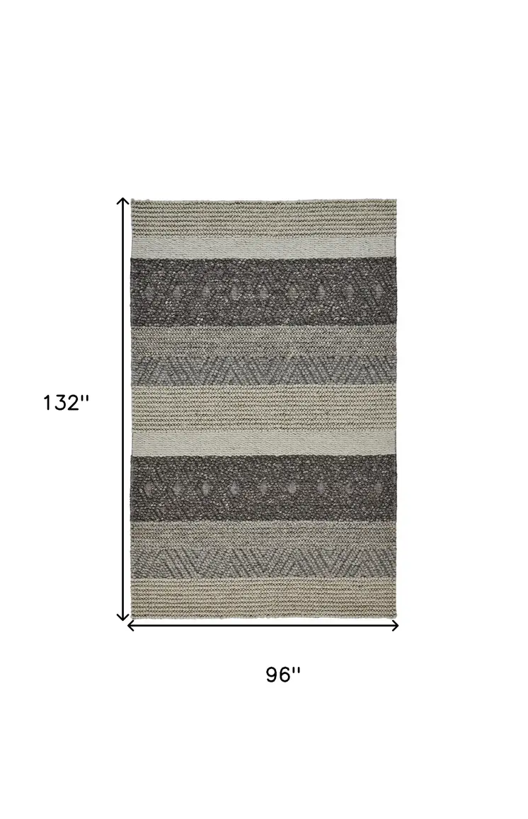 8' X 11' Ivory Black and Gray Wool Striped Hand Woven Area Rug