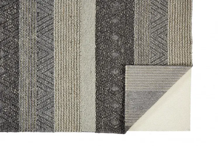 8' X 11' Ivory Black and Gray Wool Striped Hand Woven Area Rug