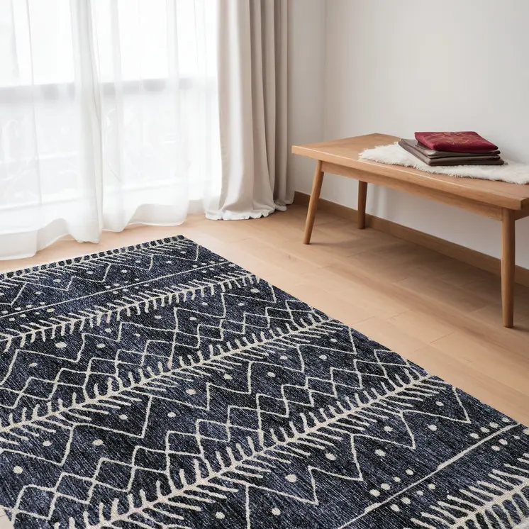 5' X 8' Blue And Ivory Striped Stain Resistant Area Rug