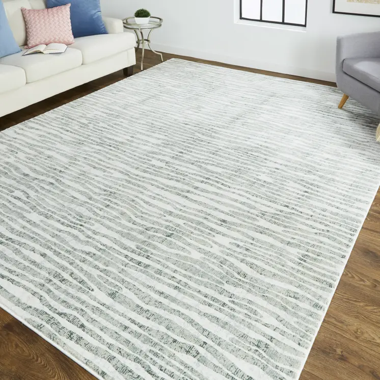 2' X 3' Gray Green And Ivory Striped Distressed Stain Resistant Area Rug