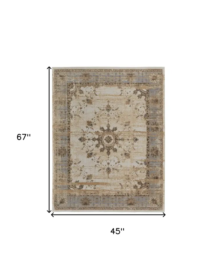 4' X 6' Tan Brown And Gray Power Loom Distressed Area Rug