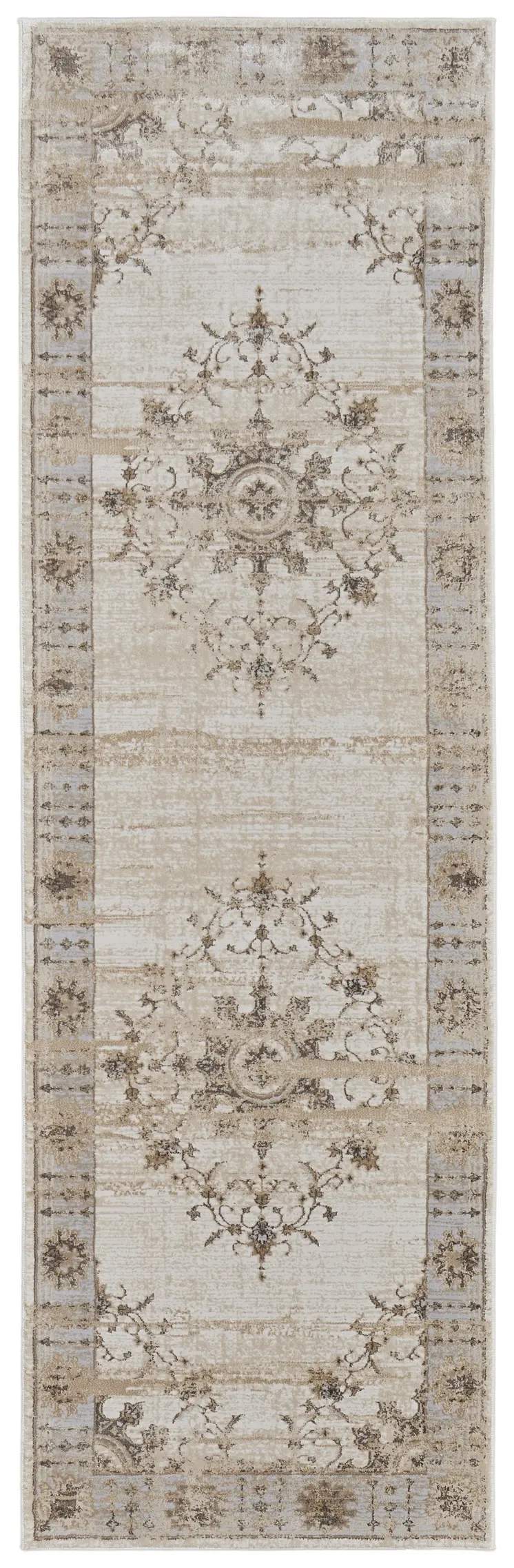 8' Brown and Ivory Oriental Power Loom Distressed Runner Rug