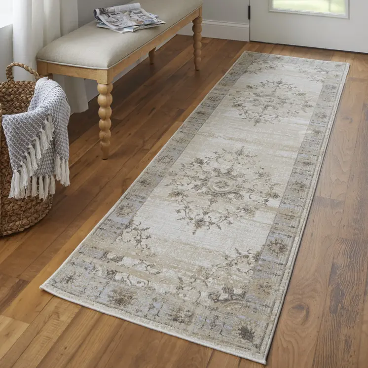 8' Brown and Ivory Oriental Power Loom Distressed Runner Rug
