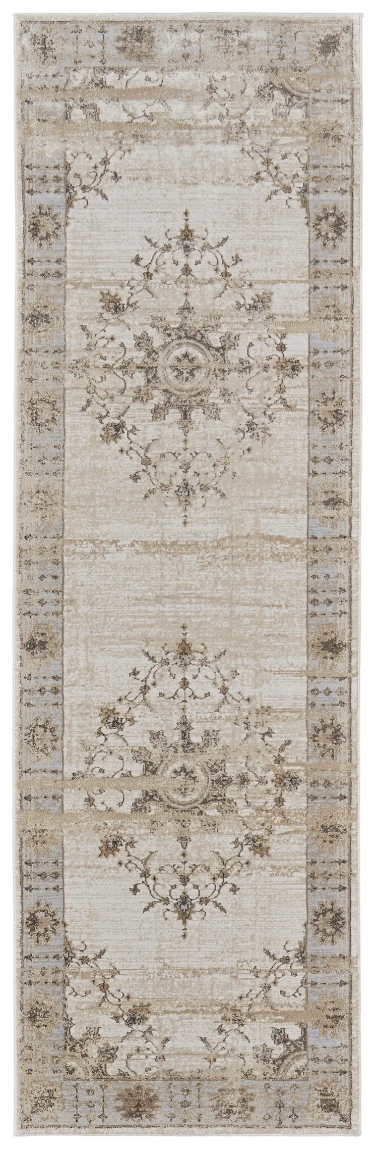 8' Brown and Ivory Oriental Power Loom Distressed Runner Rug