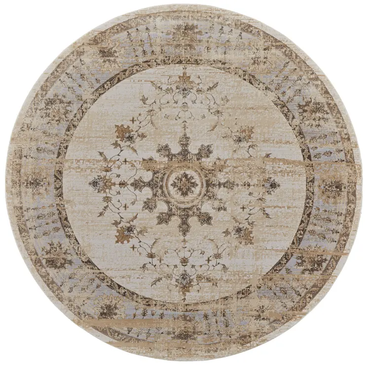 8' Brown and Ivory Round Oriental Power Loom Distressed Area Rug