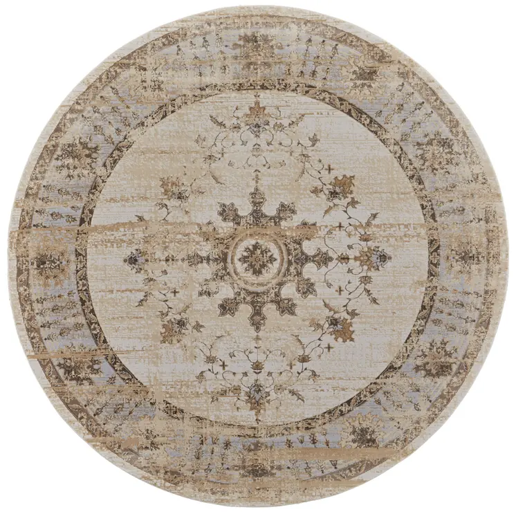 8' Brown and Ivory Round Oriental Power Loom Distressed Area Rug