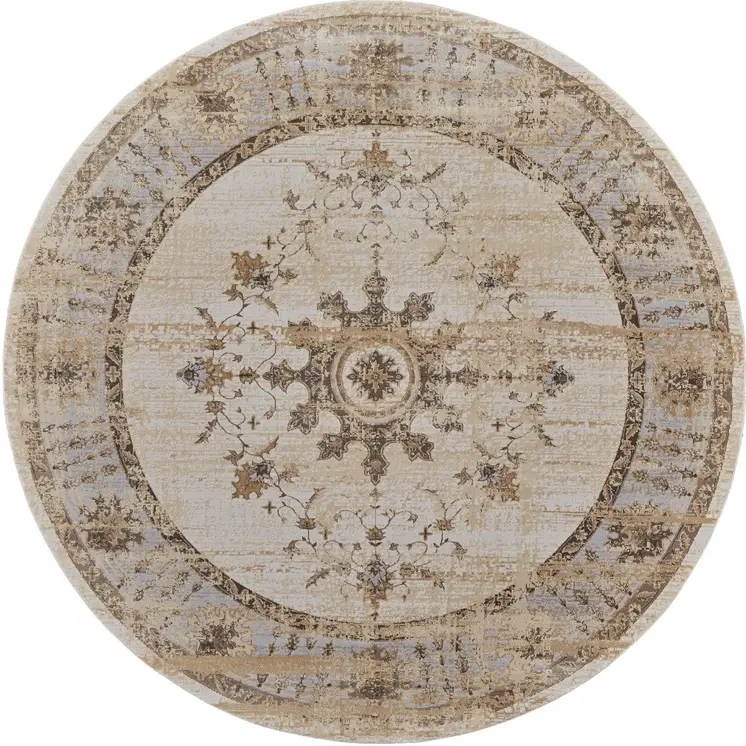 8' Brown and Ivory Round Oriental Power Loom Distressed Area Rug