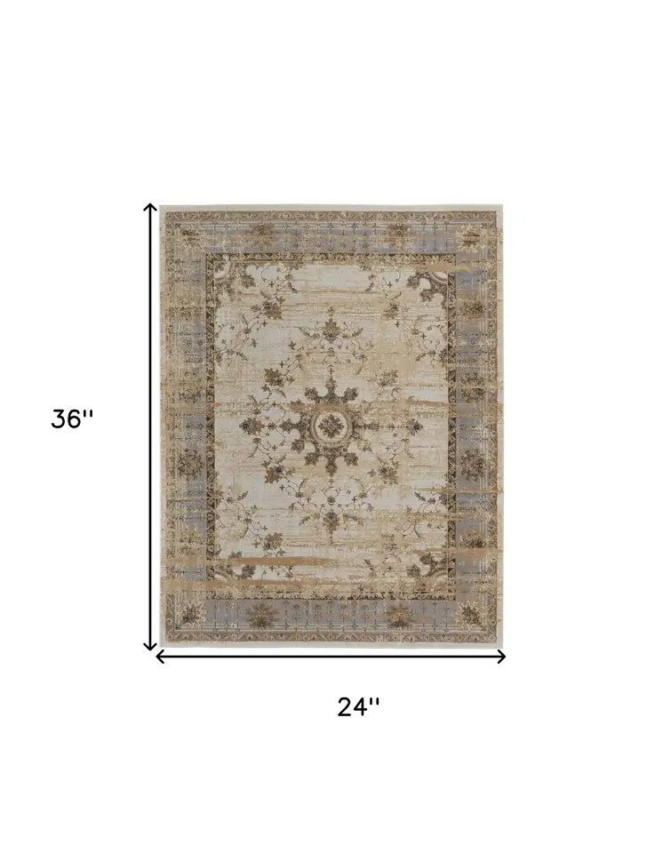 2' X 3' Tan Brown And Gray Power Loom Distressed Area Rug