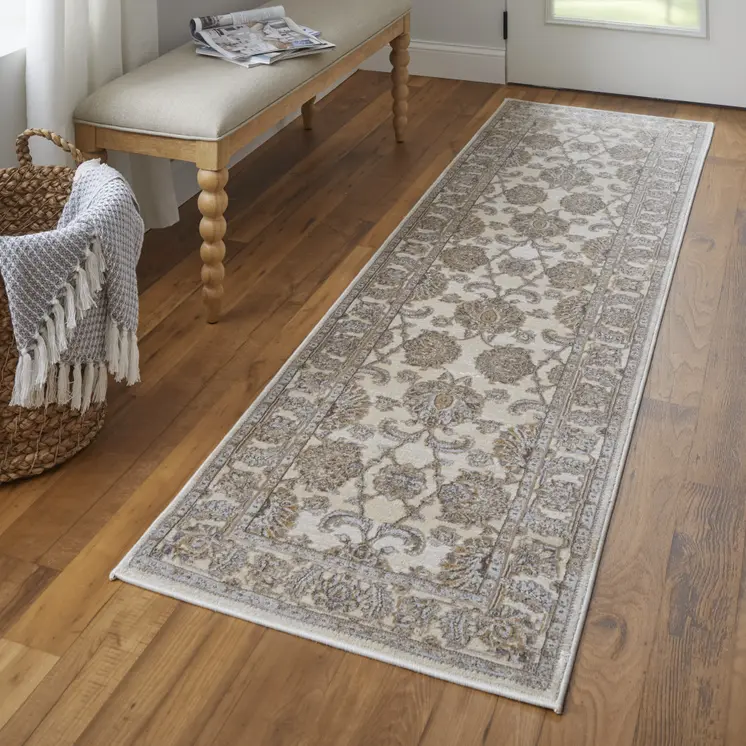 8' Brown and Ivory Oriental Power Loom Distressed Runner Rug