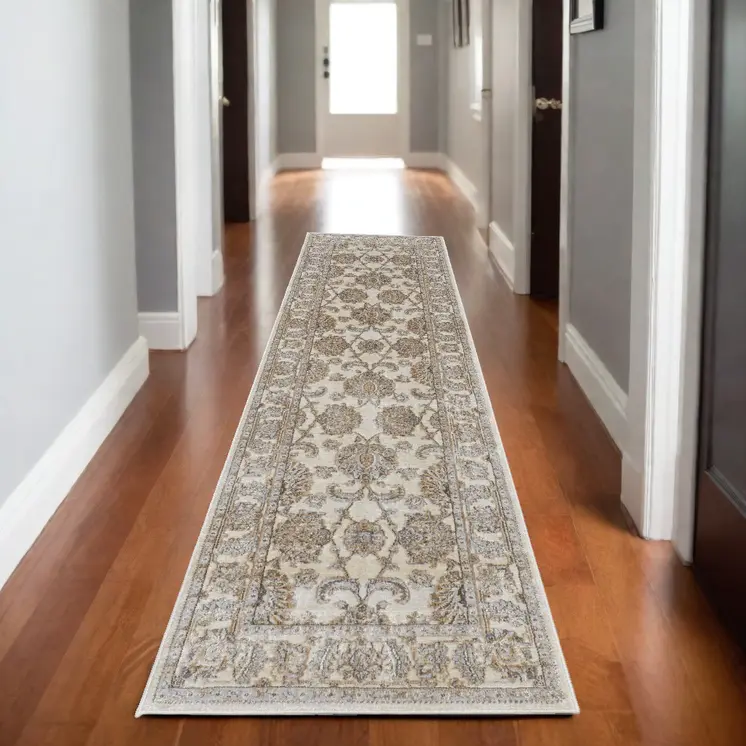 8' Brown and Ivory Oriental Power Loom Distressed Runner Rug