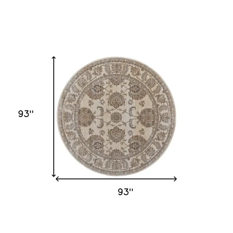 8' Brown and Ivory Round Oriental Power Loom Distressed Area Rug