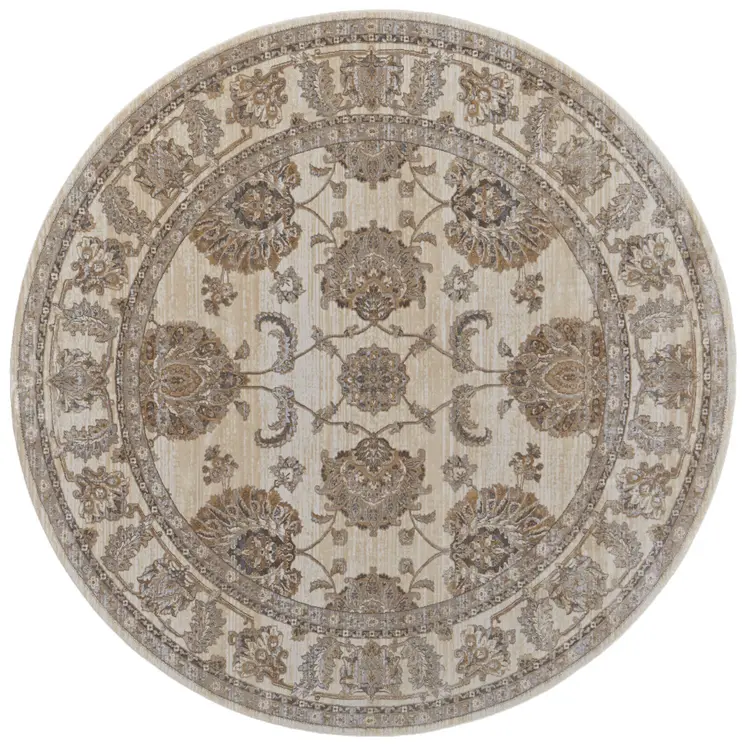 8' Brown and Ivory Round Oriental Power Loom Distressed Area Rug