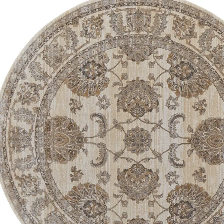 8' Brown and Ivory Round Oriental Power Loom Distressed Area Rug
