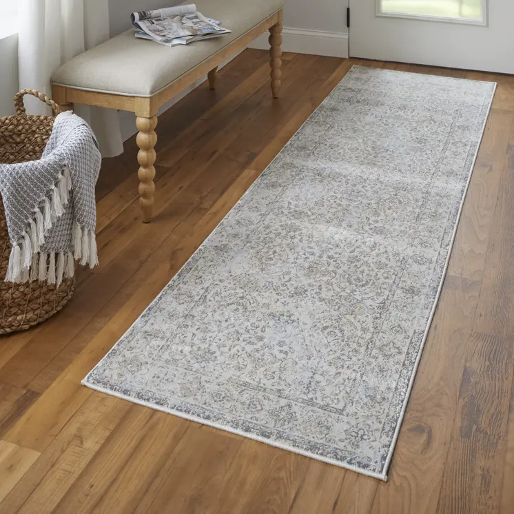 8' Brown and Ivory Oriental Power Loom Distressed Runner Rug