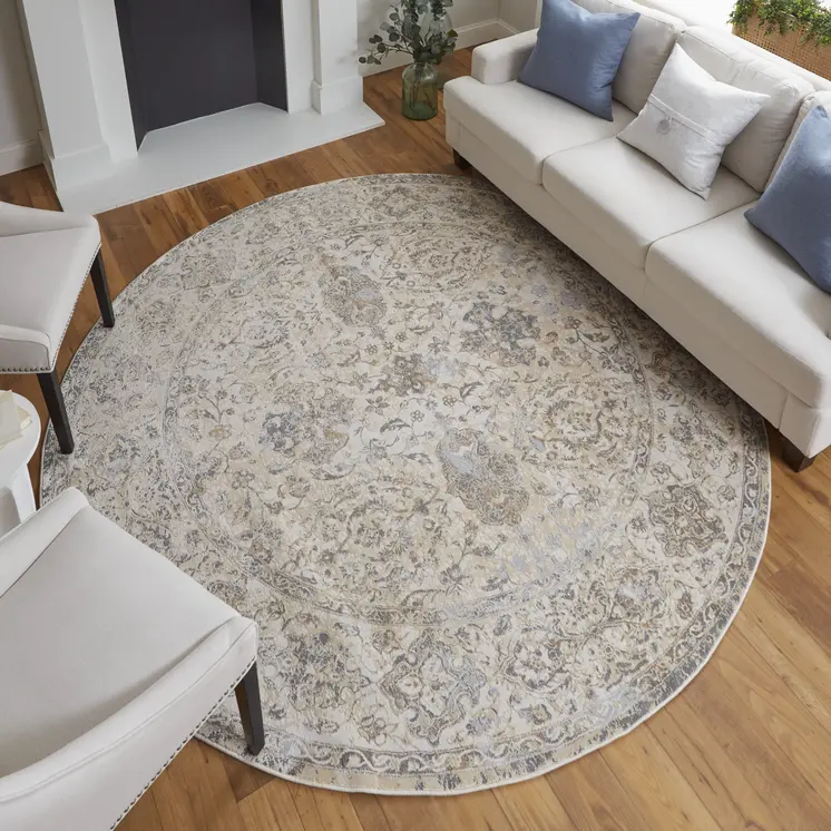 8' Brown and Ivory Round Oriental Power Loom Distressed Area Rug