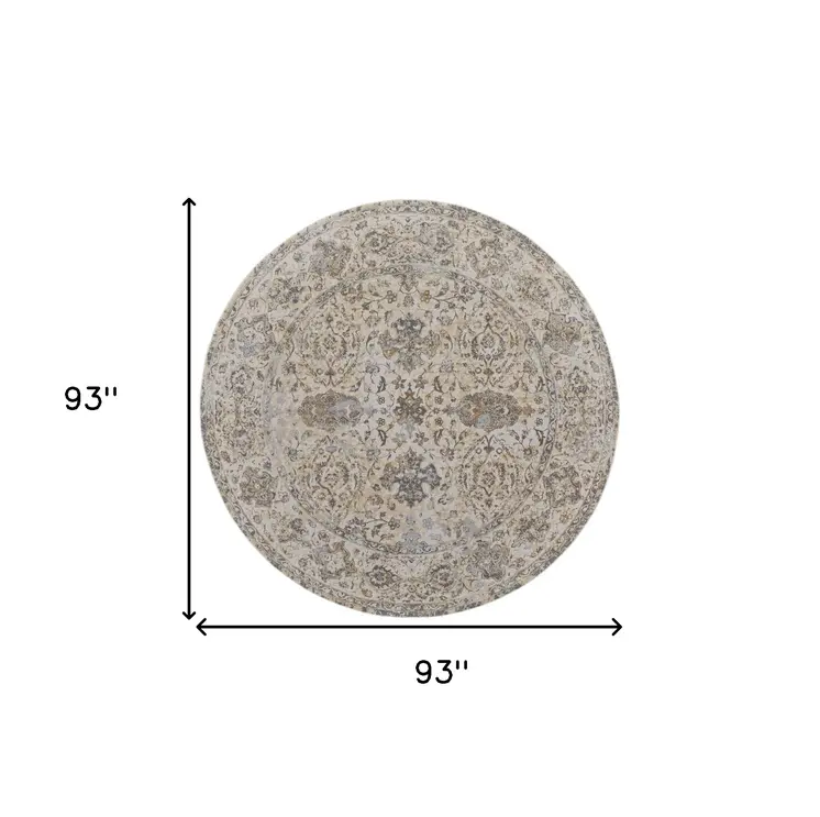 8' Brown and Ivory Round Oriental Power Loom Distressed Area Rug