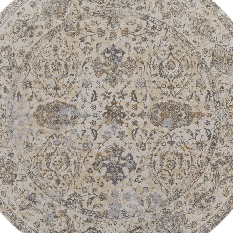 8' Brown and Ivory Round Oriental Power Loom Distressed Area Rug