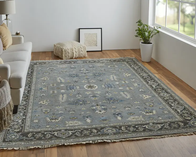 2' X 3' Gray and Ivory Wool Floral Hand Knotted Area Rug