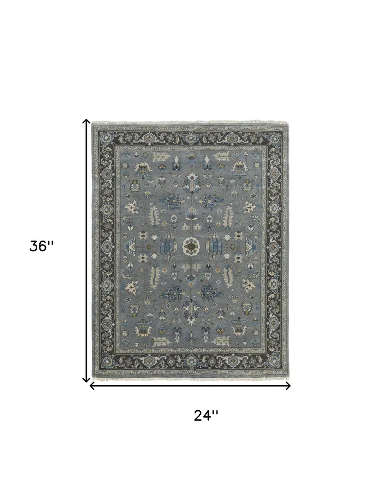 2' X 3' Gray and Ivory Wool Floral Hand Knotted Area Rug