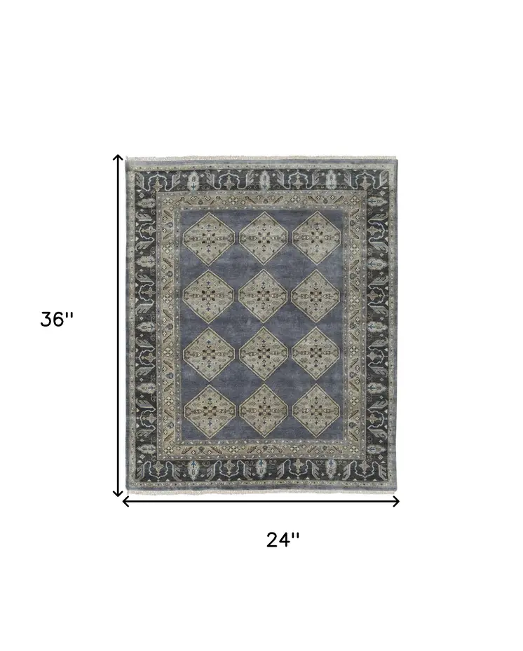 2' X 3' Gray and Ivory Wool Floral Hand Knotted Area Rug