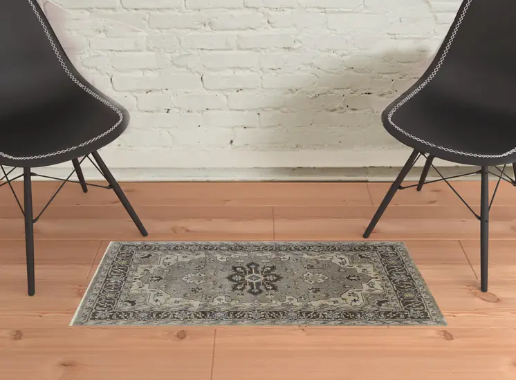 2' X 3' Gray Taupe And Blue Wool Floral Hand Knotted Stain Resistant Area Rug