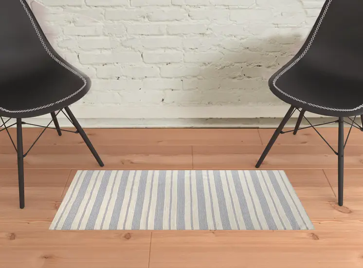 2' X 3' Blue Ivory And Tan Striped Dhurrie Hand Woven Stain Resistant Area Rug