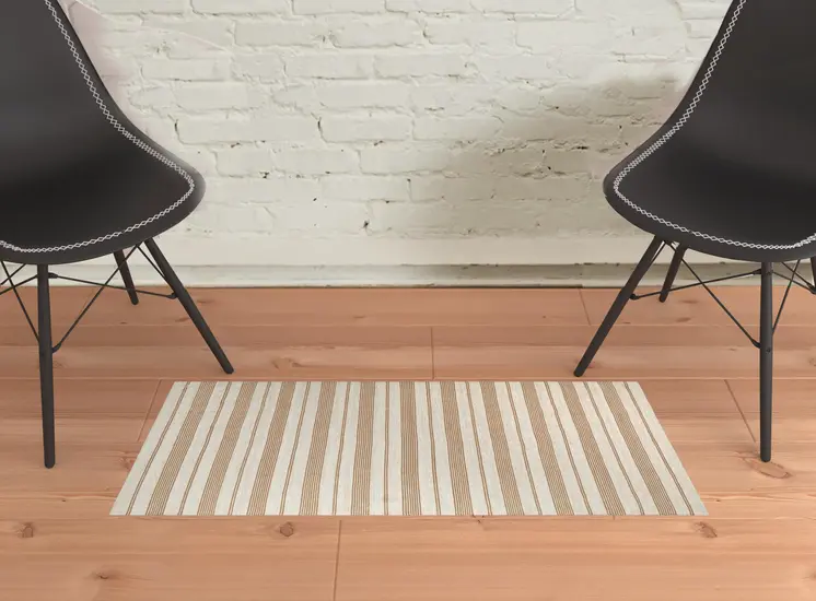 2' X 3' Ivory Taupe And Brown Striped Dhurrie Hand Woven Stain Resistant Area Rug