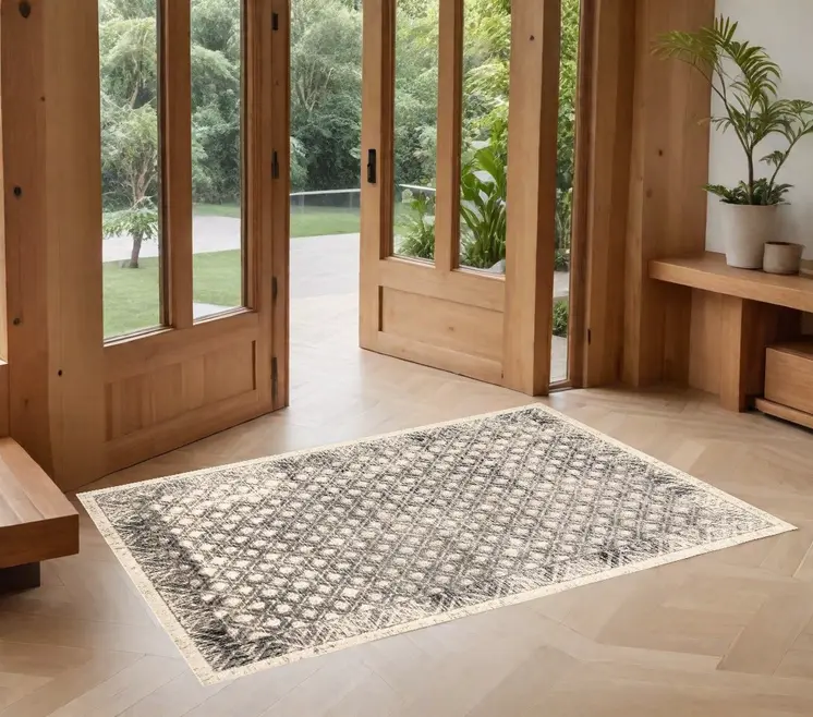 2' X 3' Ivory Black And Taupe Abstract Stain Resistant Area Rug