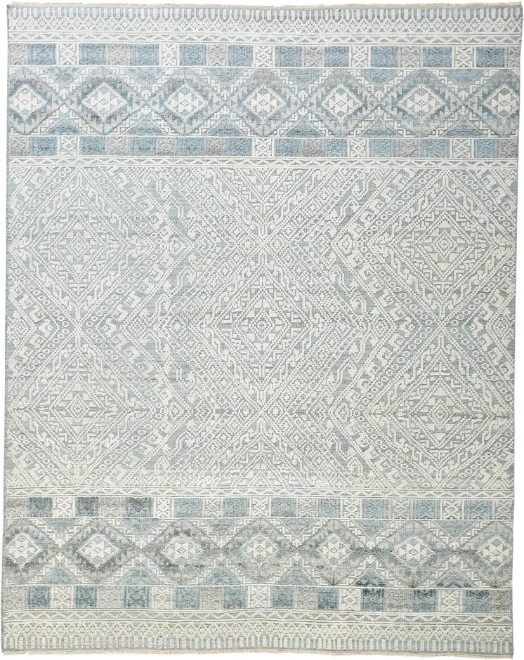 2' X 3' Ivory and Blue Geometric Hand Knotted Area Rug