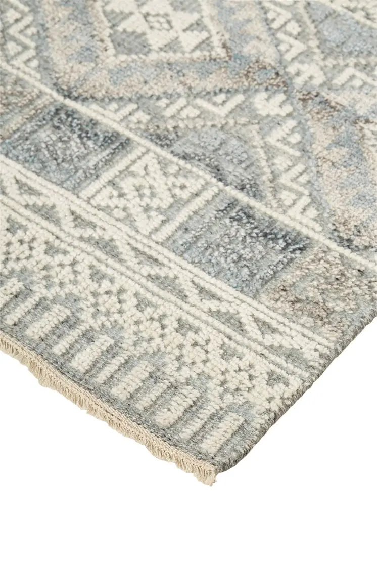 2' X 3' Ivory and Blue Geometric Hand Knotted Area Rug
