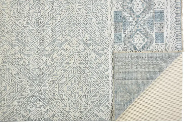 2' X 3' Ivory and Blue Geometric Hand Knotted Area Rug