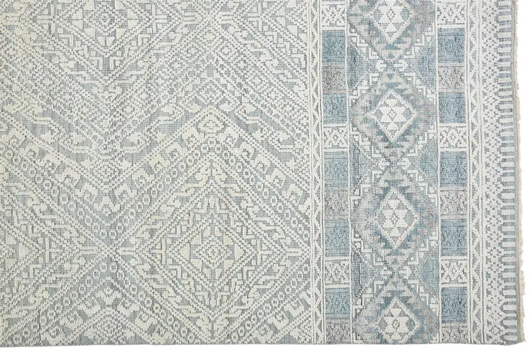 2' X 3' Ivory and Blue Geometric Hand Knotted Area Rug