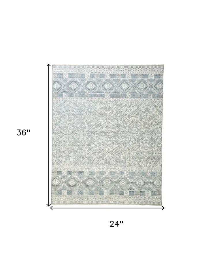 2' X 3' Ivory and Blue Geometric Hand Knotted Area Rug