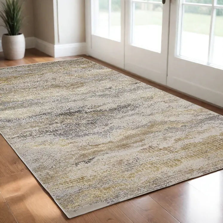2' X 3' Gold Gray And Ivory Abstract Stain Resistant Area Rug