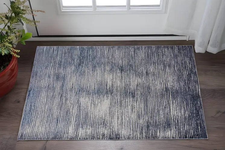2' X 3' Blue Ivory And Gray Striped Distressed Area Rug