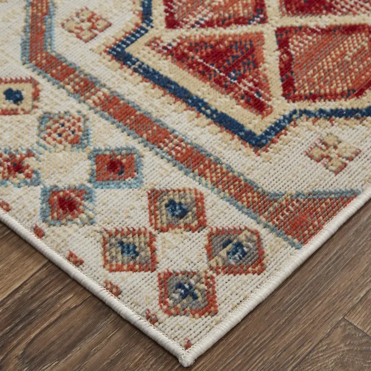 2' X 3' Ivory Red And Tan Abstract Power Loom Distressed Stain Resistant Area Rug