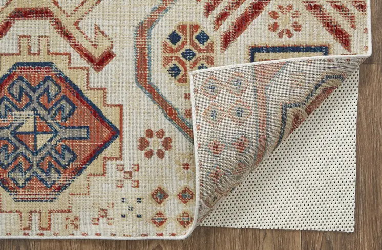2' X 3' Ivory Red And Tan Abstract Power Loom Distressed Stain Resistant Area Rug