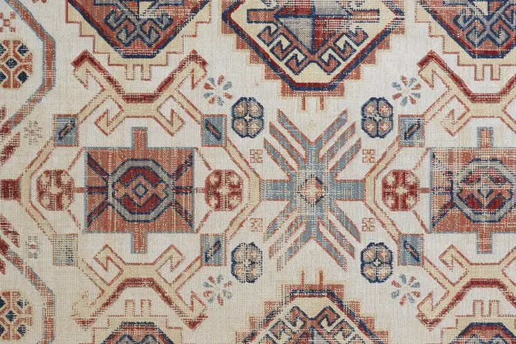 2' X 3' Ivory Red And Tan Abstract Power Loom Distressed Stain Resistant Area Rug