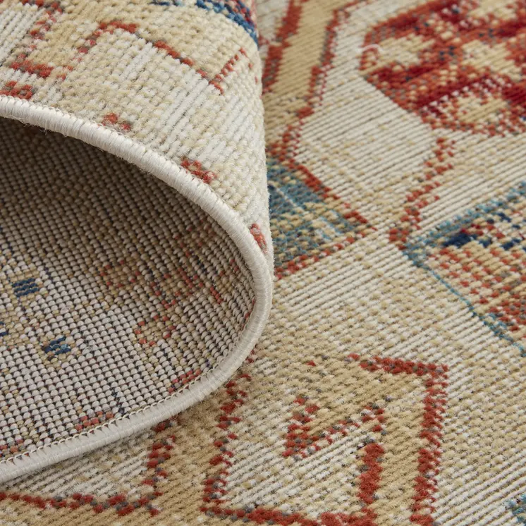 2' X 3' Ivory Red And Tan Abstract Power Loom Distressed Stain Resistant Area Rug