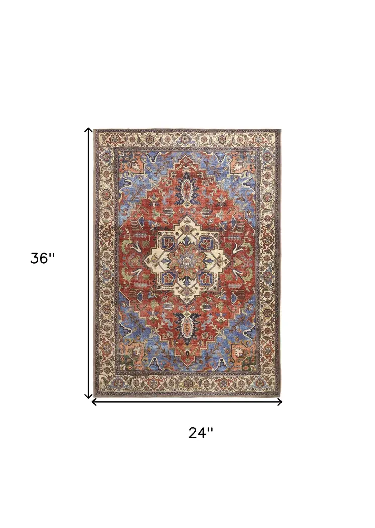 2' X 3' Blue Red And Ivory Floral Area Rug