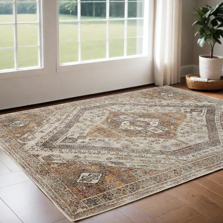 2' X 3' Ivory Blue and Orange Medallion Distressed Washable Area Rug