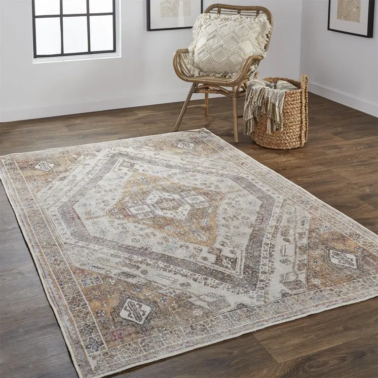 2' X 3' Ivory Blue and Orange Medallion Distressed Washable Area Rug
