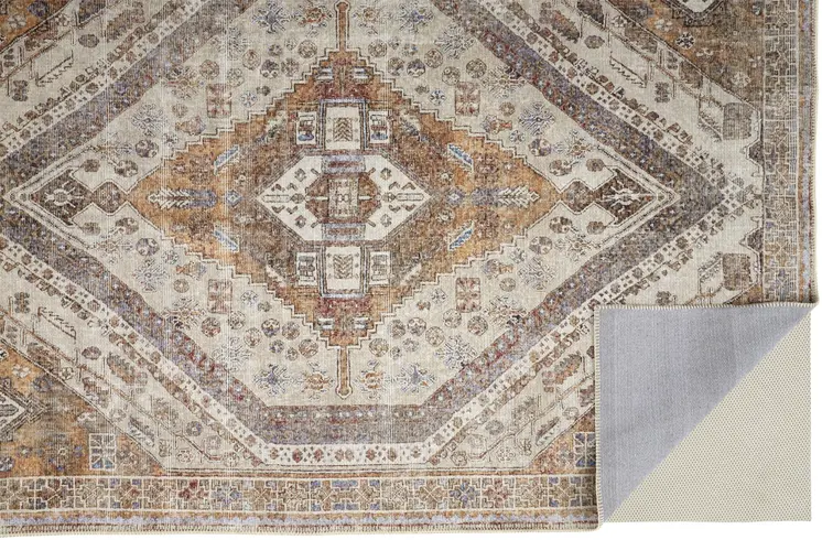 2' X 3' Ivory Blue and Orange Medallion Distressed Washable Area Rug
