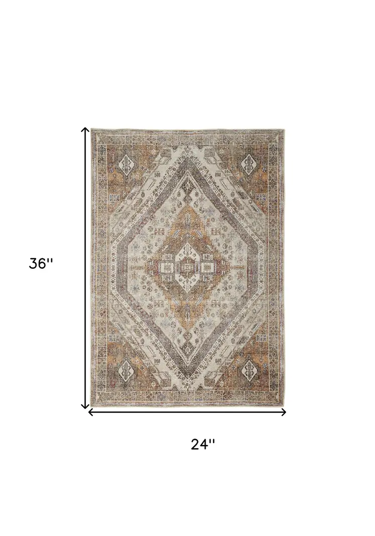 2' X 3' Ivory Blue and Orange Medallion Distressed Washable Area Rug
